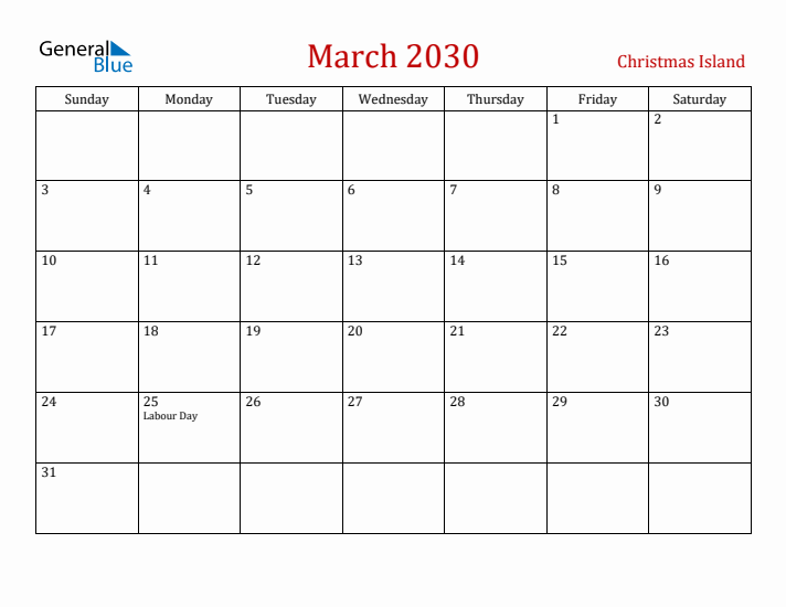Christmas Island March 2030 Calendar - Sunday Start