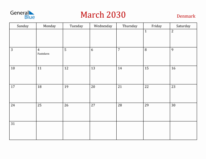 Denmark March 2030 Calendar - Sunday Start