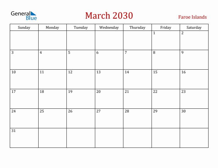 Faroe Islands March 2030 Calendar - Sunday Start