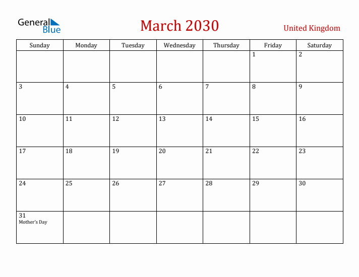 United Kingdom March 2030 Calendar - Sunday Start