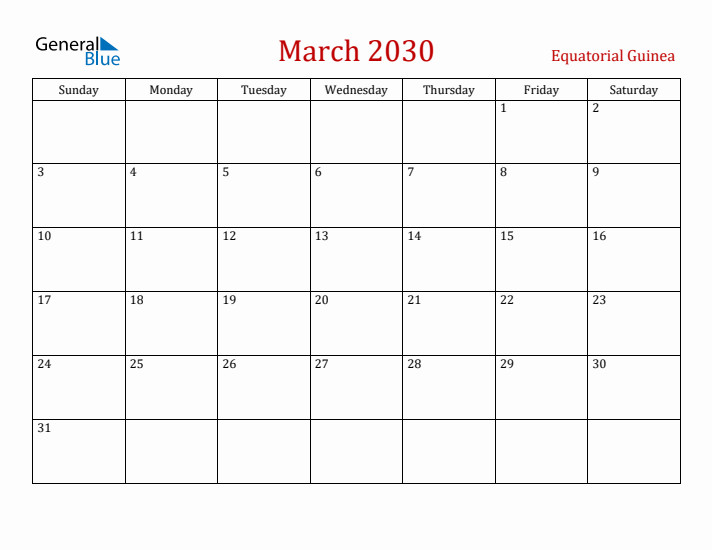 Equatorial Guinea March 2030 Calendar - Sunday Start