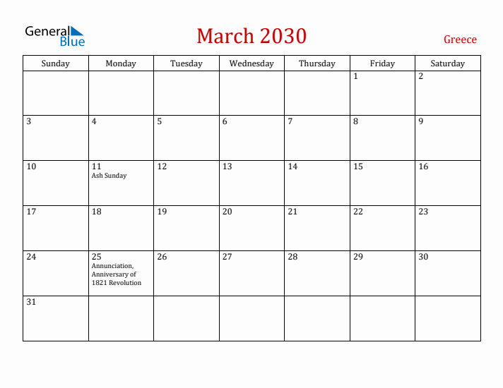 Greece March 2030 Calendar - Sunday Start