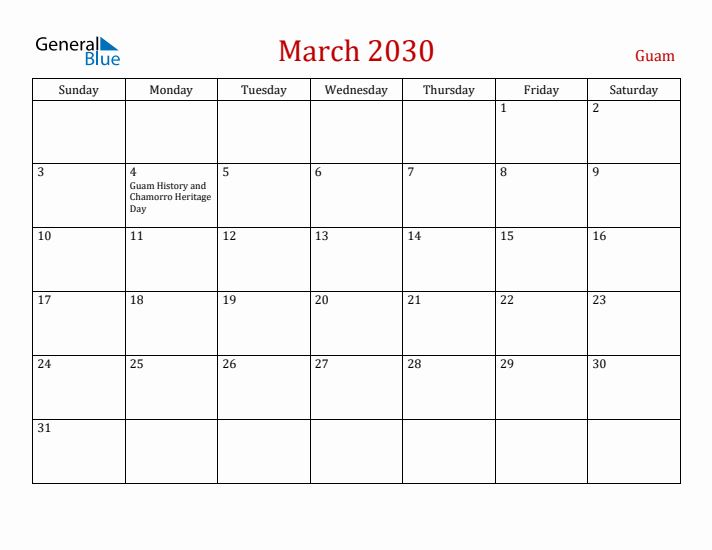 Guam March 2030 Calendar - Sunday Start