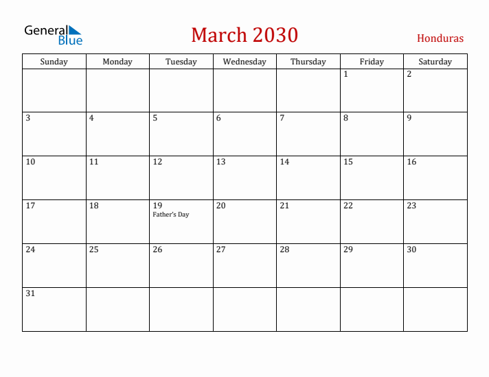 Honduras March 2030 Calendar - Sunday Start