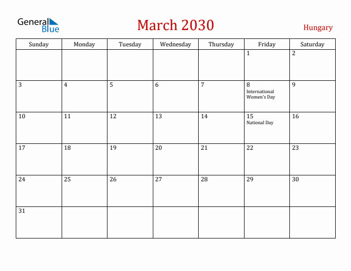 Hungary March 2030 Calendar - Sunday Start