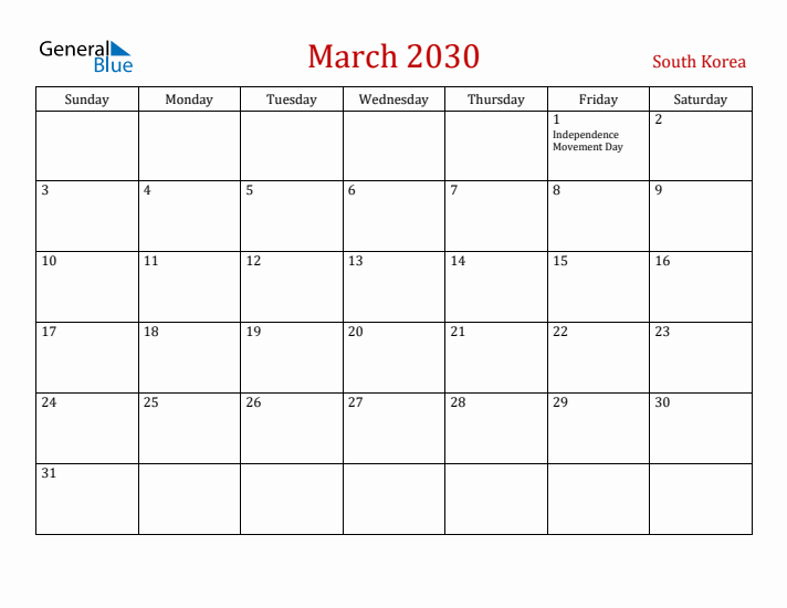 South Korea March 2030 Calendar - Sunday Start