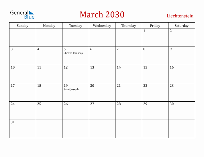 Liechtenstein March 2030 Calendar - Sunday Start