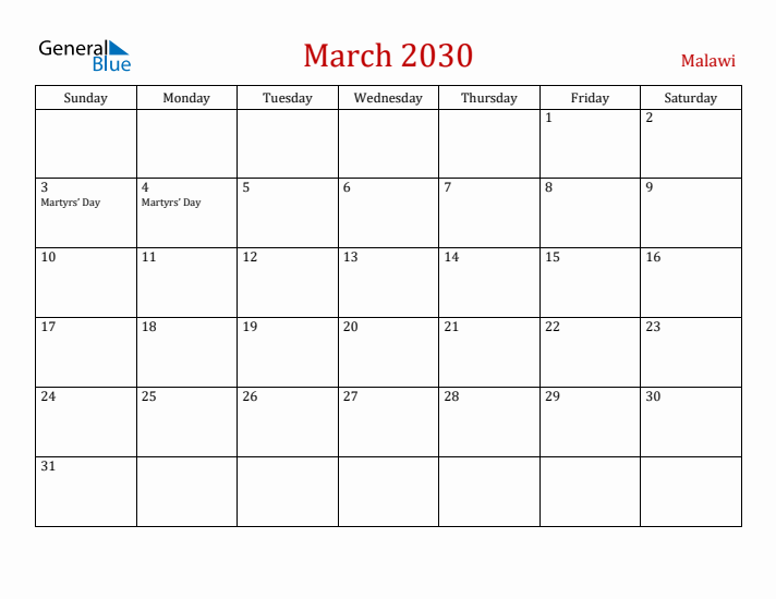 Malawi March 2030 Calendar - Sunday Start
