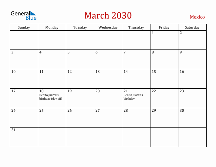 Mexico March 2030 Calendar - Sunday Start