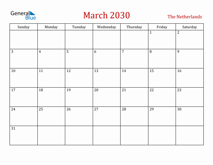 The Netherlands March 2030 Calendar - Sunday Start