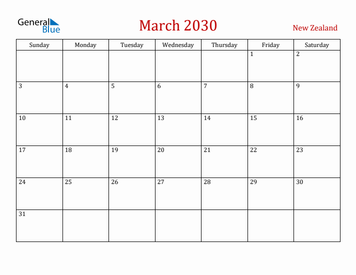 New Zealand March 2030 Calendar - Sunday Start