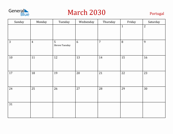 Portugal March 2030 Calendar - Sunday Start