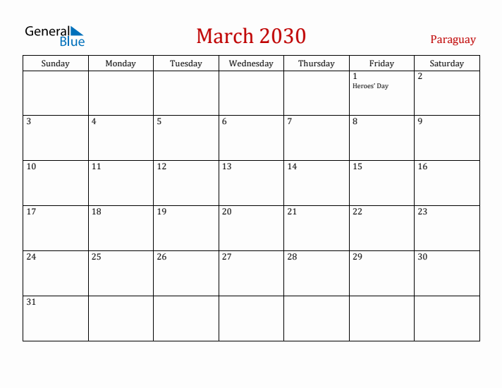 Paraguay March 2030 Calendar - Sunday Start