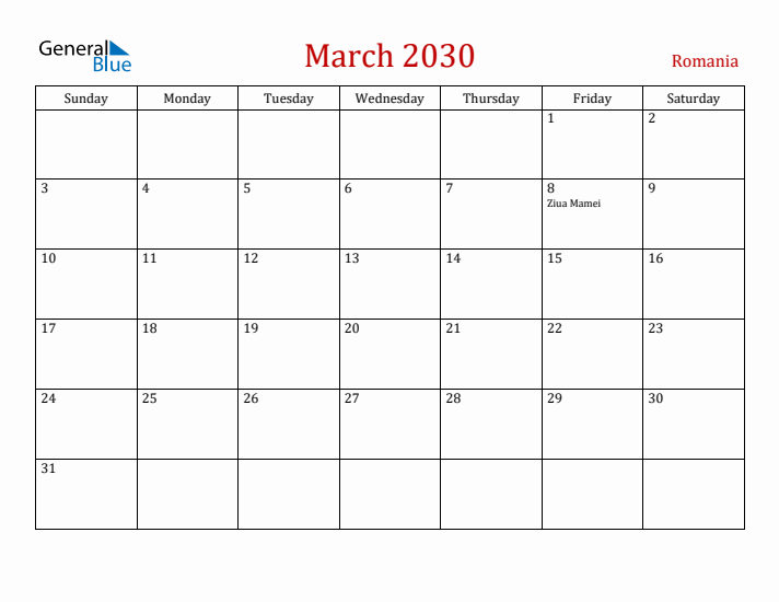 Romania March 2030 Calendar - Sunday Start
