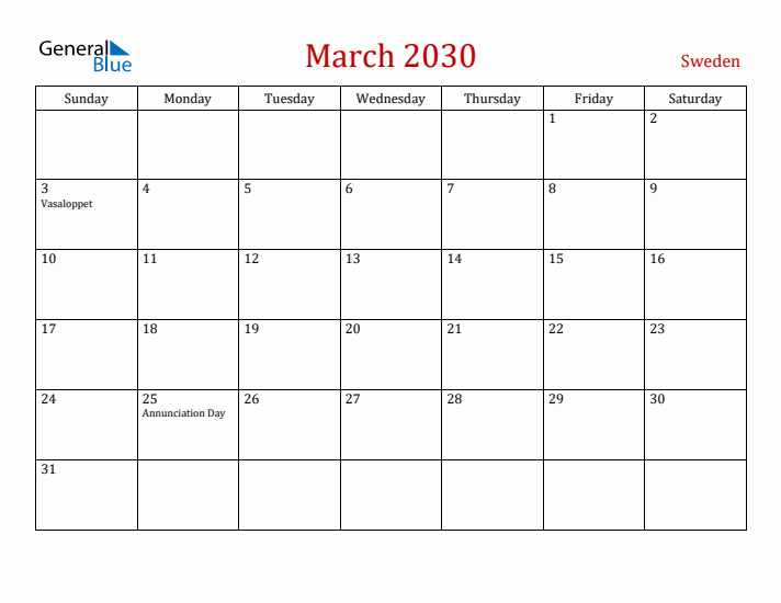 Sweden March 2030 Calendar - Sunday Start