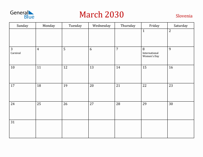 Slovenia March 2030 Calendar - Sunday Start