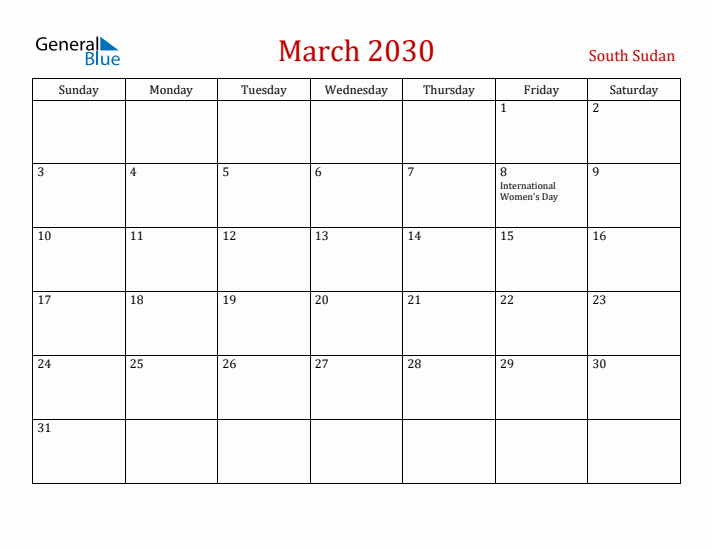 South Sudan March 2030 Calendar - Sunday Start