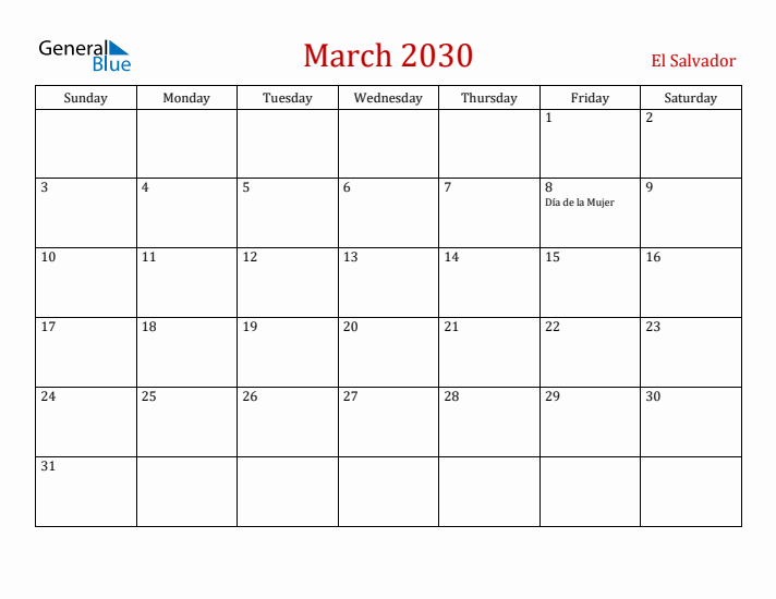 El Salvador March 2030 Calendar - Sunday Start