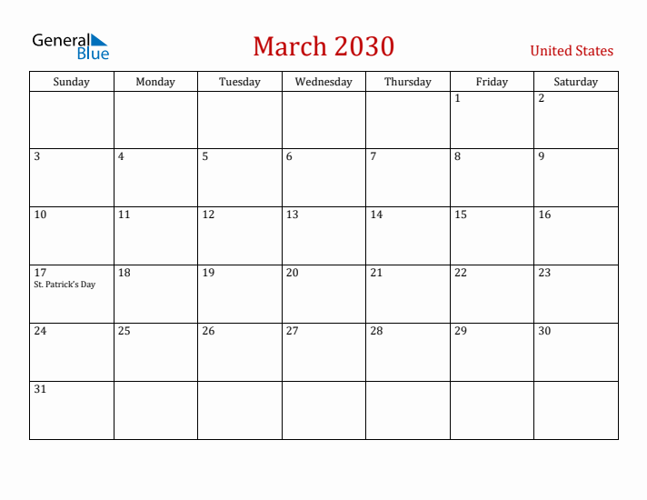 United States March 2030 Calendar - Sunday Start