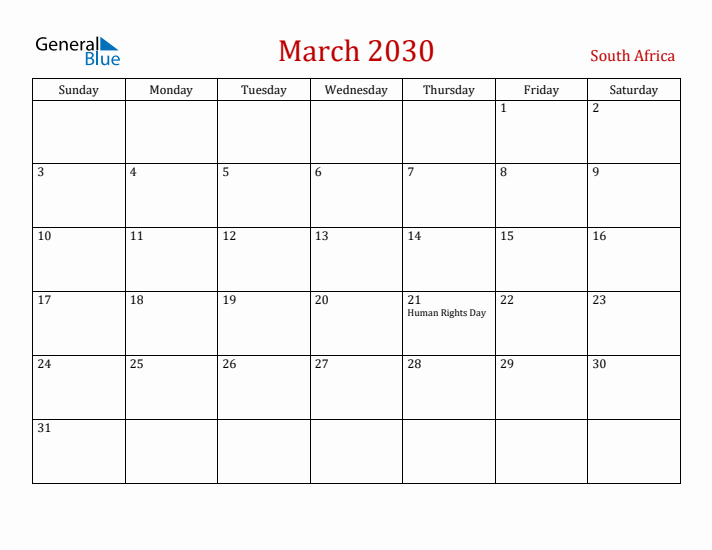 South Africa March 2030 Calendar - Sunday Start
