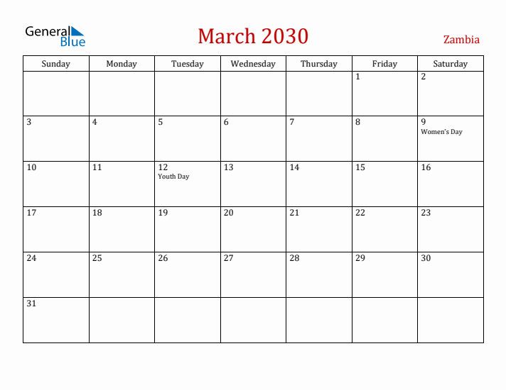 Zambia March 2030 Calendar - Sunday Start