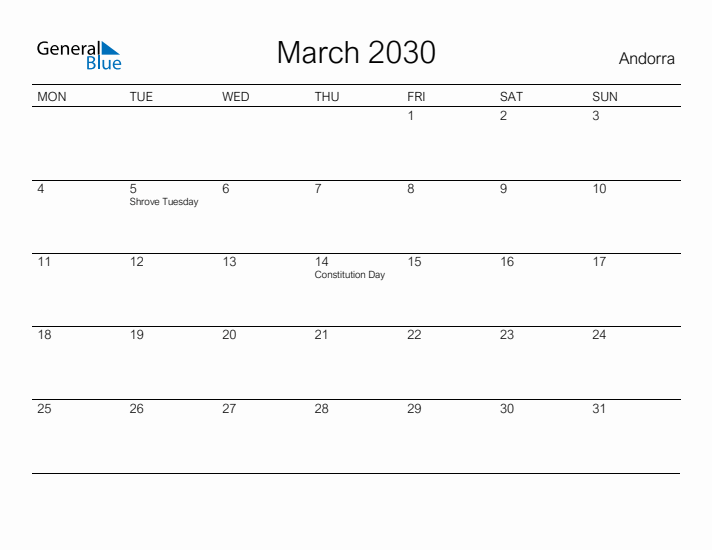 Printable March 2030 Calendar for Andorra