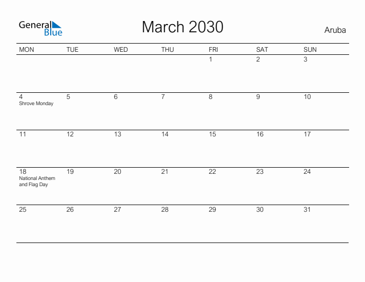 Printable March 2030 Calendar for Aruba