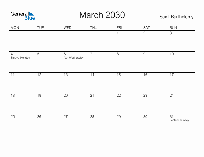 Printable March 2030 Calendar for Saint Barthelemy