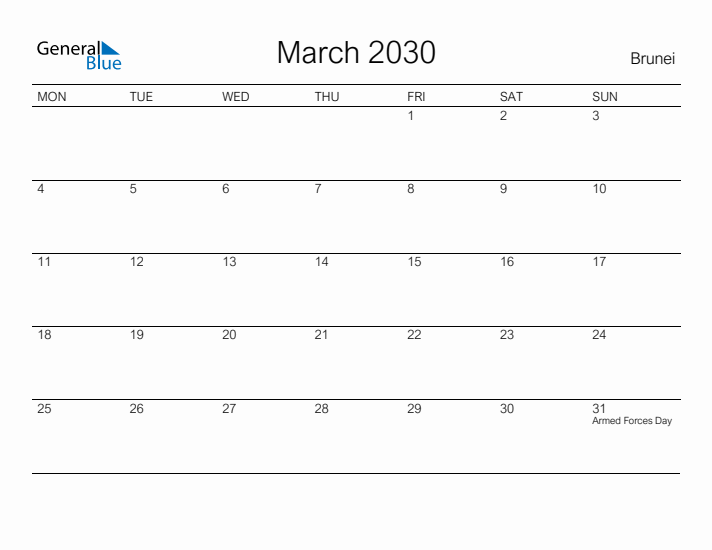 Printable March 2030 Calendar for Brunei