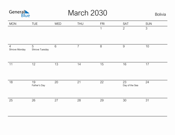 Printable March 2030 Calendar for Bolivia