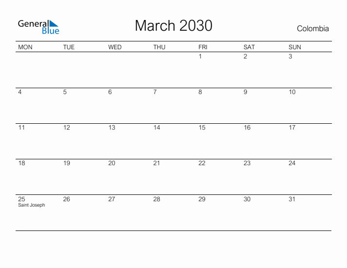 Printable March 2030 Calendar for Colombia