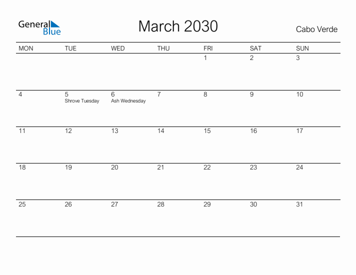 Printable March 2030 Calendar for Cabo Verde