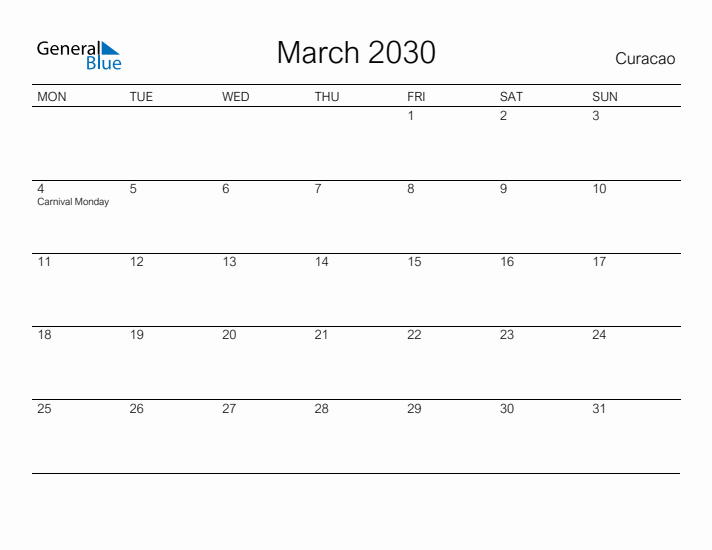 Printable March 2030 Calendar for Curacao