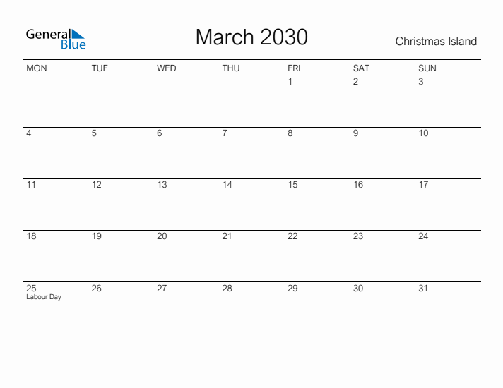 Printable March 2030 Calendar for Christmas Island