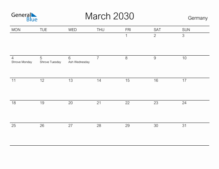 Printable March 2030 Calendar for Germany