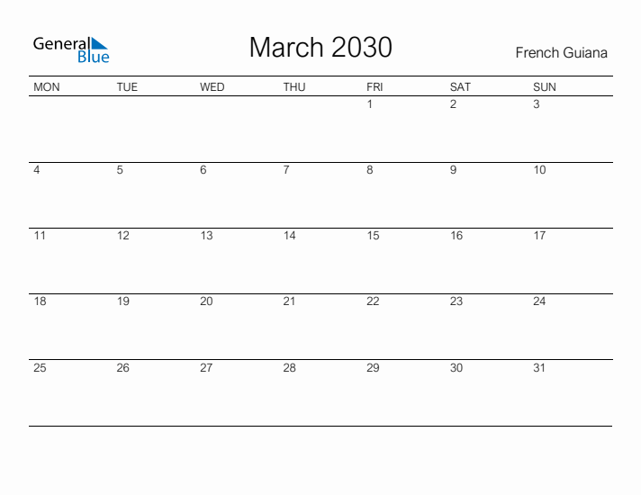 Printable March 2030 Calendar for French Guiana