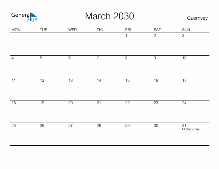 Printable March 2030 Calendar for Guernsey