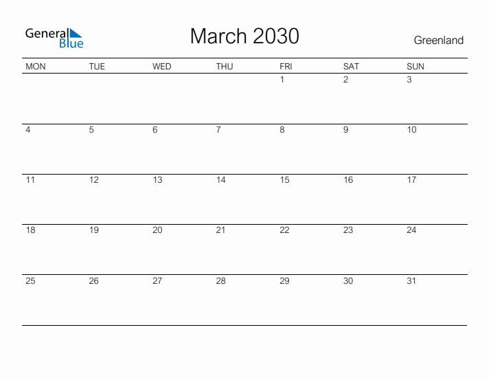 Printable March 2030 Calendar for Greenland