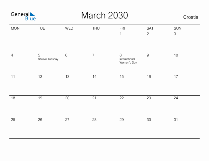Printable March 2030 Calendar for Croatia