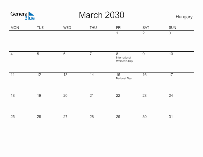 Printable March 2030 Calendar for Hungary