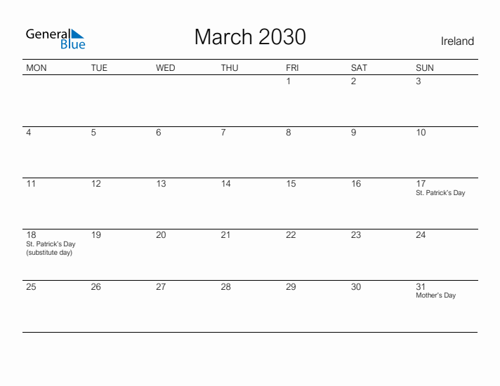Printable March 2030 Calendar for Ireland