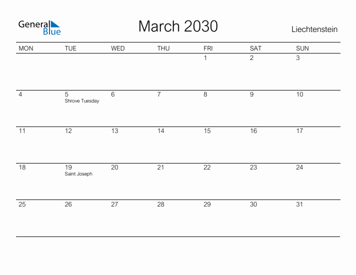 Printable March 2030 Calendar for Liechtenstein