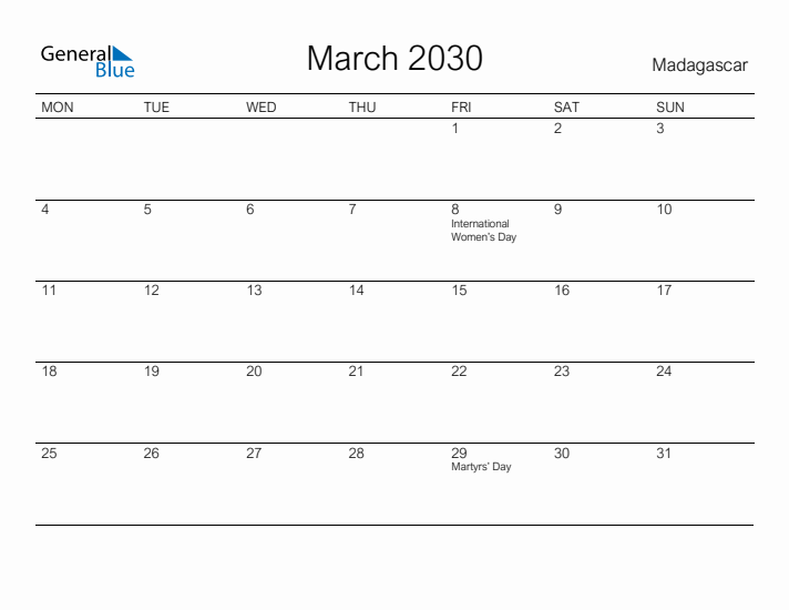Printable March 2030 Calendar for Madagascar