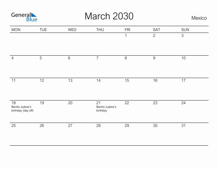 Printable March 2030 Calendar for Mexico