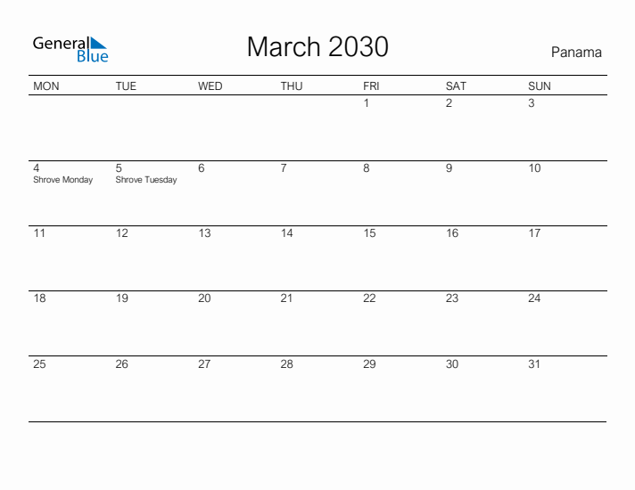 Printable March 2030 Calendar for Panama