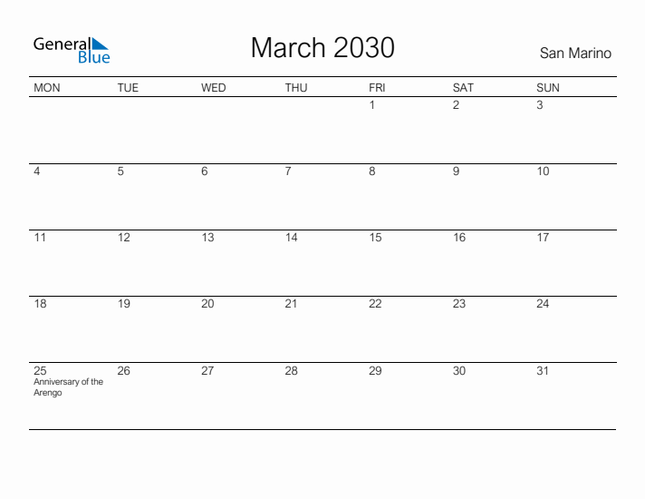 Printable March 2030 Calendar for San Marino