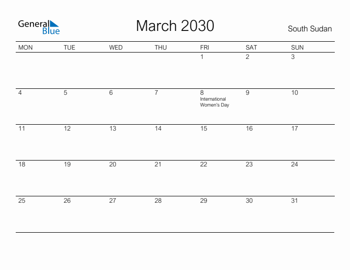 Printable March 2030 Calendar for South Sudan