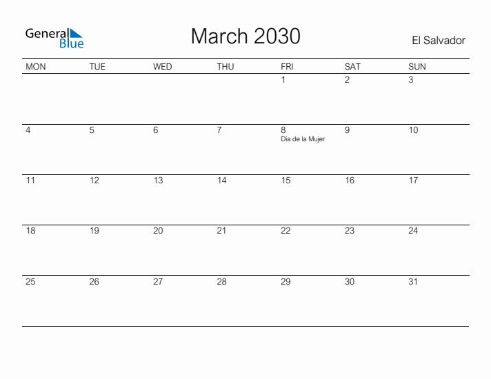 Printable March 2030 Calendar for El Salvador