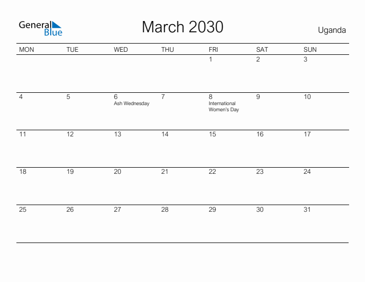 Printable March 2030 Calendar for Uganda