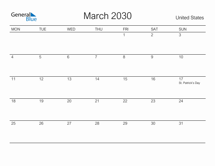 Printable March 2030 Calendar for United States